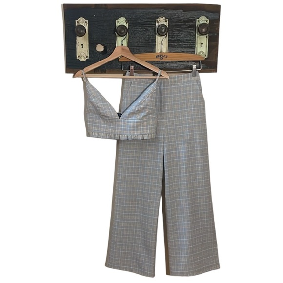 Blue Blush Blue and Brown Plaid Wide Leg Crop Top Outfit Size Small - Picture 6 of 16